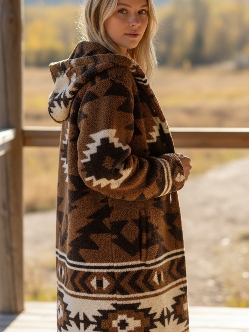 Lucky Brand Hooded Southwestern Aztec Open Front Cardigan Sweater Brown Large